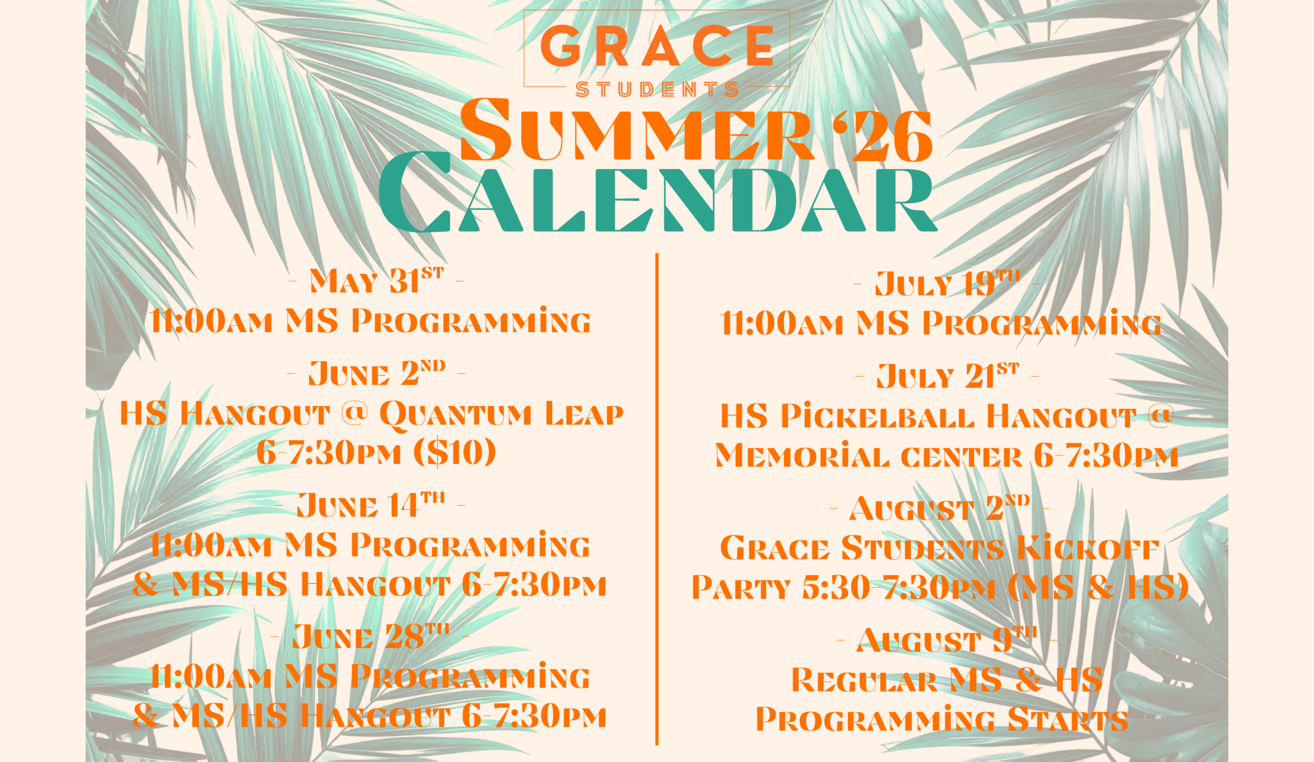 Grace Students Summer Calendar 2026 (34.5 x 20 in)